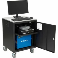 Global Industrial Mobile Powered Audio Visual Cart w/ Lockable Cabinet, 100AH Battery, Black
