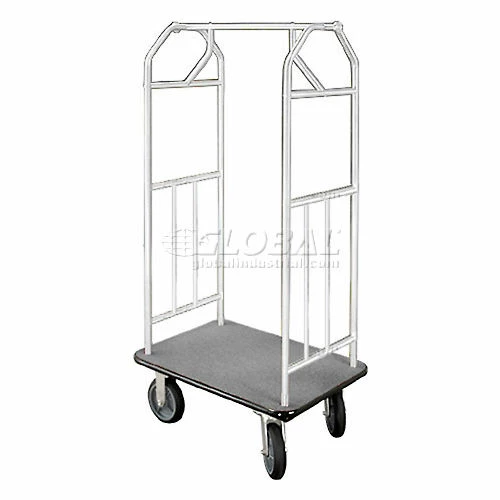 Glaro Bellman Hotel Cart 35x24 Satin Aluminum with Gray Carpet & Rubber Wheels