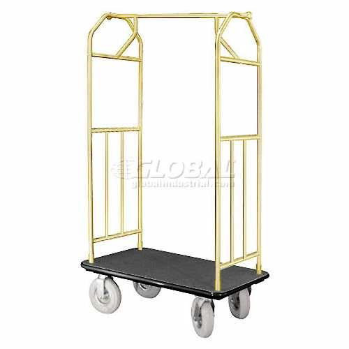 Glaro Bellman Hotel Cart 35x24 Satin Brass with Black Carpet & Pneu. Wheels