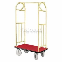 Glaro Bellman Hotel Cart 35x24 Satin Brass with Burgundy Carpet & Pneu. Wheels