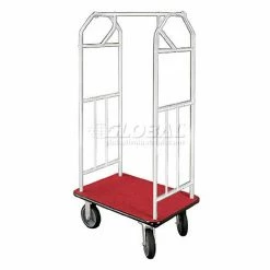 Glaro Bellman Hotel Cart 41x24 Satin Aluminum, Burgundy Carpet & Rubber Wheels