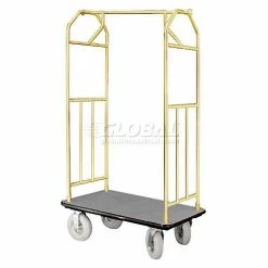 Glaro Bellman Hotel Cart 41x24 Satin Brass with Gray Carpet & Pneu. Wheels