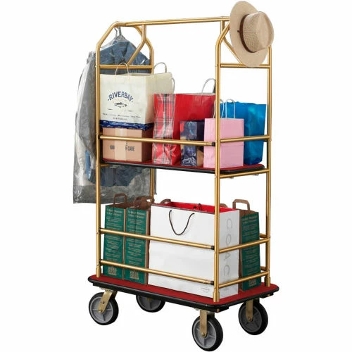 Glaro Bellman Condo Cart 40x25 Satin Brass Burgundy Carpet, 4 Rubber Wheels - Image 2