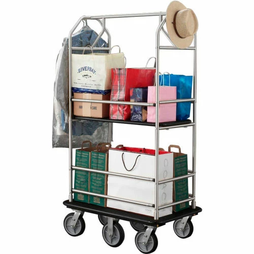 Glaro Bellman Condo Cart 48x25 Satin Aluminum Black Carpet, 6 Rubber Wheels - Image 2