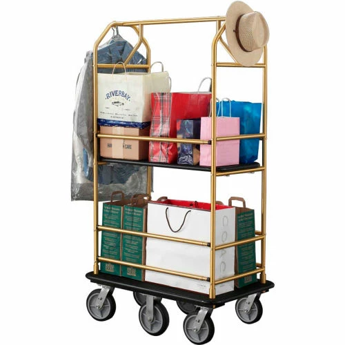 Glaro Bellman Condo Cart 48x25 Satin Brass Black Carpet, 6 Rubber Wheels - Image 2