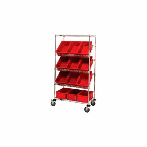 Global Industrial Easy Access Slant Shelf Chrome Wire Cart 12 6"H Grid Containers Red 36x18x63
