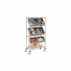 Global Industrial™ Easy Access Slant Shelf Chrome Wire Cart, 8 Blue Grid Containers 36Lx18Wx63H