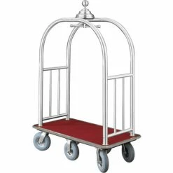 Glaro Ball Crown Bellman Cart 48x25 Satin Aluminum Burgundy Carpet, 6 Gray Pneu Wheels