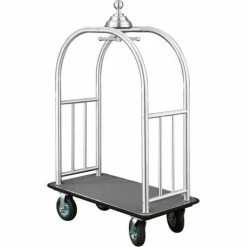 Glaro Ball Crown Bellman Cart 48x25 Satin Aluminum Gray Carpet, 4 Black Pneu Wheels
