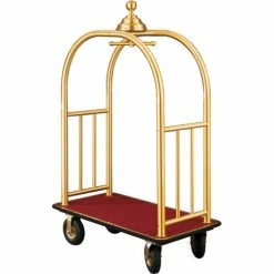 Glaro Ball Crown Bellman Cart 48x25 Satin Brass Burgundy Carpet, 4 Black Pneu Wheels