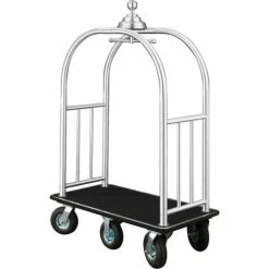 Glaro Ball Crown Bellman Cart 48x25 Satin Aluminum Black Carpet, 6 Black Pneu Wheels