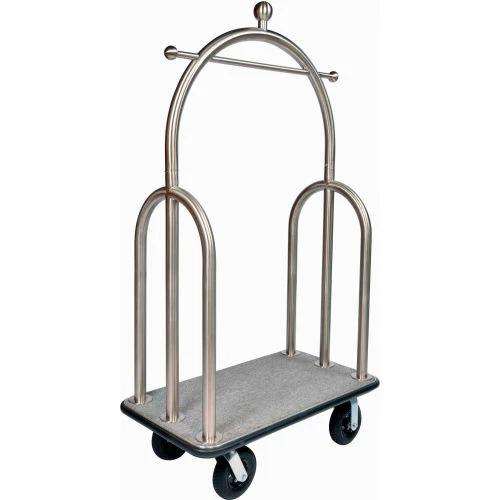 Central Specialties Ltd. CSL HD Trident Bellman Cart 3599BK-080-GRY Stainless, Gray Carpet, Black Bumper, 8" Semi-Pneumatic