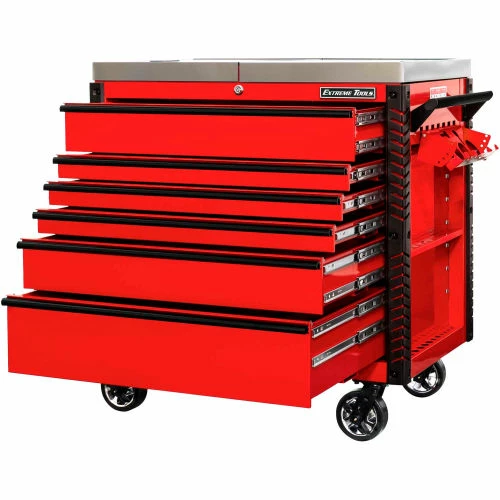 Extreme Tools EX4106TCRDBK 41"W x 25-3/4"D x 43-7/8"H 6 Drawer Red Flip Top Tool Cart Black Pulls