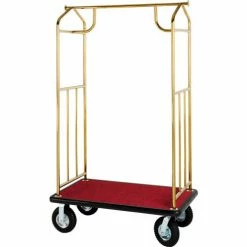 Hospitality 1 Source Brass Transporter Bellman Cart, Straight Uprights, Black Carpet, Black Bumper