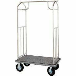 Hospitality 1 Source Chrome Transporter Bellman Cart, Straight Uprights, Gray Carpet, Black Bumper