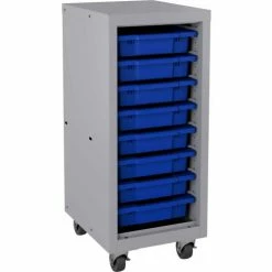 Hirsh Industries® Mobile Bin Tower Platinum 22608 with 8 Blue Bins - 15" x 18" x 36"