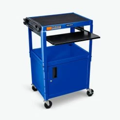 Luxor Adjustable-Height Steel AV Cart with Pullout Keyboard Tray and Cabinet, Blue, 24" to 42"H