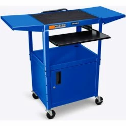 Luxor Adjustable-Height Steel AV Cart with Pullout Keyboard Tray, Cabinet, and Drop Leaf, Blue