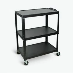 Luxor Extra-Large Adj-Height Steel AV Cart, 3 Shelves, Black, Electric, 32"W x 20"D x 24" to 42"H
