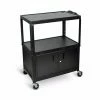 Luxor Extra Large Adj Height Steel AV Cart w/ Cabinet, 3 Shelves, Blk, Electric, 24" to 42"H