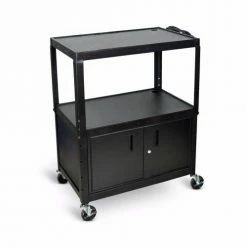 Luxor Extra Large Adj Height Steel AV Cart w/ Cabinet, 3 Shelves, Blk, Electric, 24" to 42"H