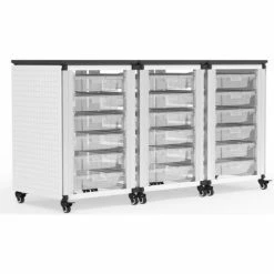 Luxor Modular Classroom Storage Cart, 3 Side by Side Modules, 18 Small Bins, 18" x 54" x 28", White