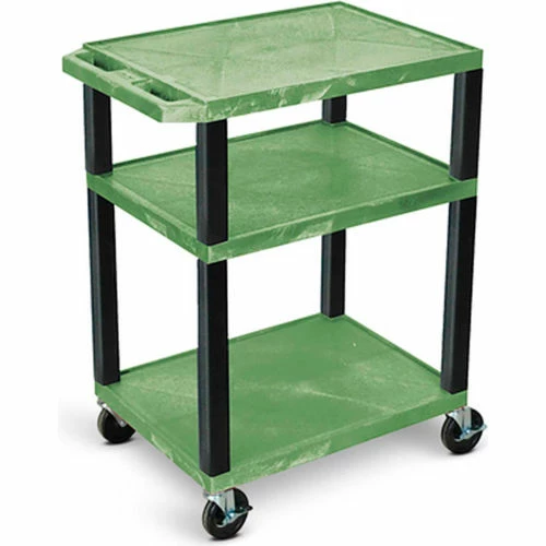 Luxor AV Cart, 34"H, Three Shelves, Black Legs, Green Shelves, 300 Lbs Capacity