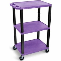 Luxor AV Cart, 42"H, Three Shelves, Black Legs, Purple Shelves, 300 Lbs Capacity
