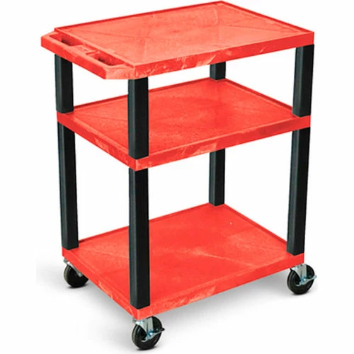 Luxor AV Cart, 42"H, Three Shelves, Black Legs, Red Shelves, 300 Lbs Capacity