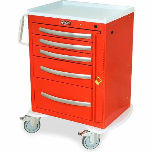 Harloff A-Series Lightweight Aluminium Crash Cart,5 Drawers,30"W x 22"L x 37-1/4"H,Pink