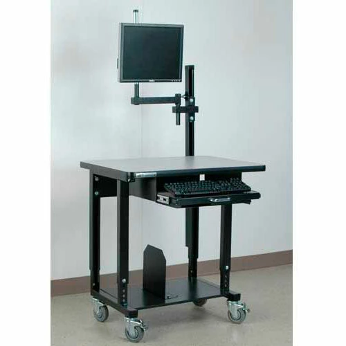 Stackbin Mobile Computer Station with Monitor Arm, 36"W x 24"D x 33-1/2"H, Black