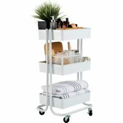 Seville Classic 3-Tier Rolling Steel Storage Bin Utility Kitchen Cart With Wheels, White