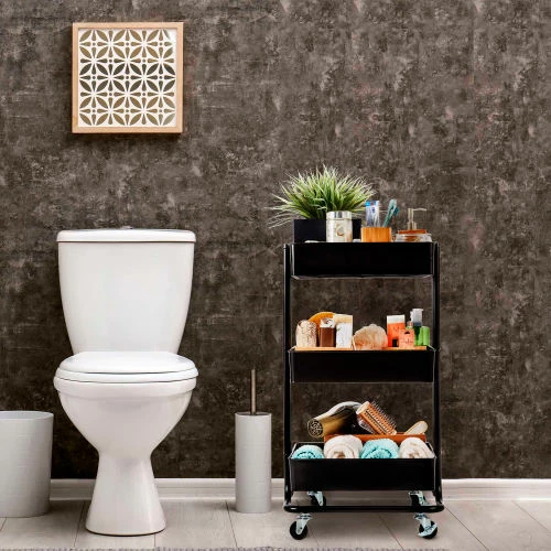 Seville Classic 3-Tier Rolling Steel Storage Bin Utility Kitchen Cart With Wheels, Black - Image 6