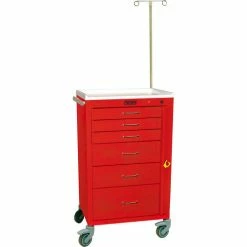 Harloff Mini24 Six Drawer Emergency Cart, Breakaway Lock and Accessory Package, Red - 4156B-EMG