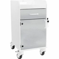 TrippNT Compact Bedside Cart, 1 Locking Drawer, White with Silver Metallic
