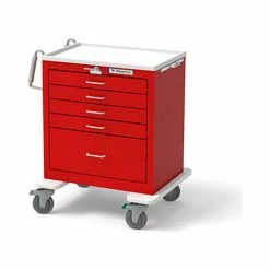 Waterloo Healthcare 5-Drawer Steel Short Emergency Cart, Lever Lock, Red