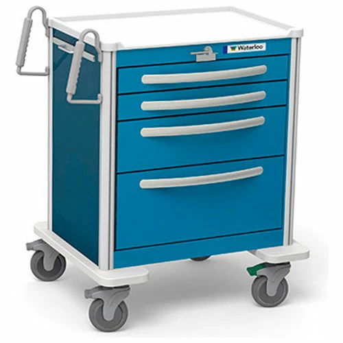 Waterloo Healthcare 4-Drawer Aluminum Short Emergency Cart, Lever Lock, Electric Blue