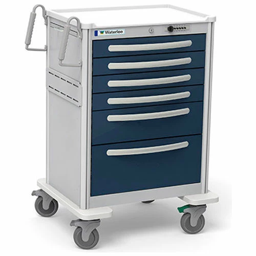 Waterloo Healthcare 6-Drawer Aluminum Tall Anesthesia Cart, Push Button Lock, Dark Blue